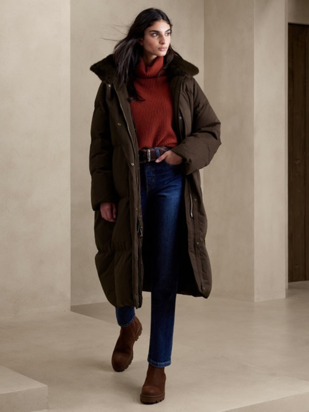 Banana Republic Long Puffer Coat with Faux Fur Hood Collar - Roasted Cacao (XS)